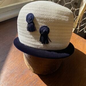 Vintage 1940s Black and White Tassel Tall Straw Millinery Hat